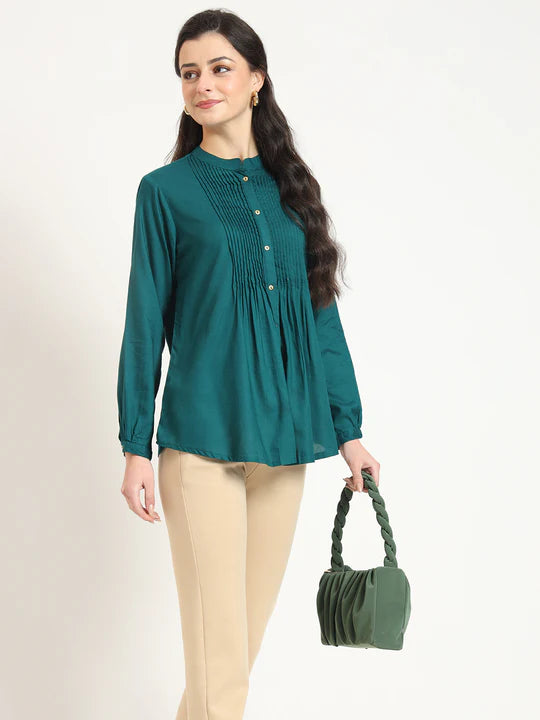 Cutyful Royal Teal Pintuck Shirt with Mandarin Collar
