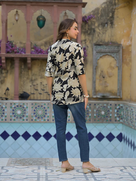 Effortlessly Elegant – Cutyful Black Floral A-Line Rayon Top