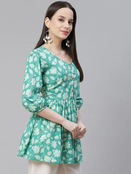 Sea Green Floral Printed Cotton Peplum Top for Women