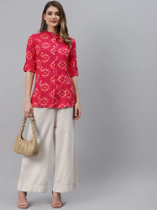 Women's Geometric Printed Pink Rayon Shirt Top (XS-7XL)