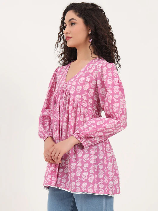 Pink Cotton Floral Printed Empire Top with Full Sleeves