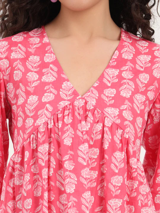 Ultra Red Floral Print Cotton Fabric Regular Peplum Top