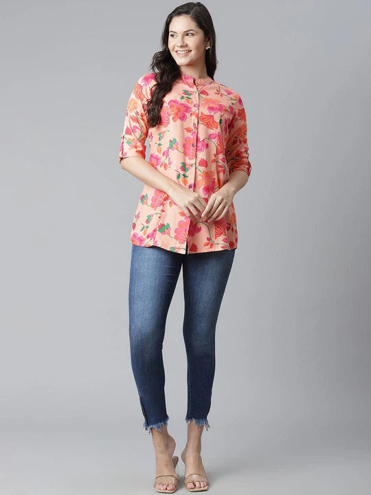 Cutyful Peach Floral Print Rayon Top for Women – Casual & Stylish Daily Wear