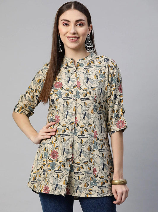 Women's Beige Printed Rayon Shirt Top (XS-7XL) | Floral & Leaf Pattern