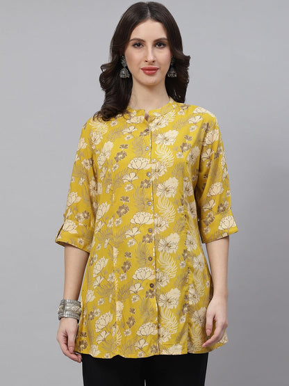 Women's Mustard Floral Printed Rayon A-Line Shirt Top