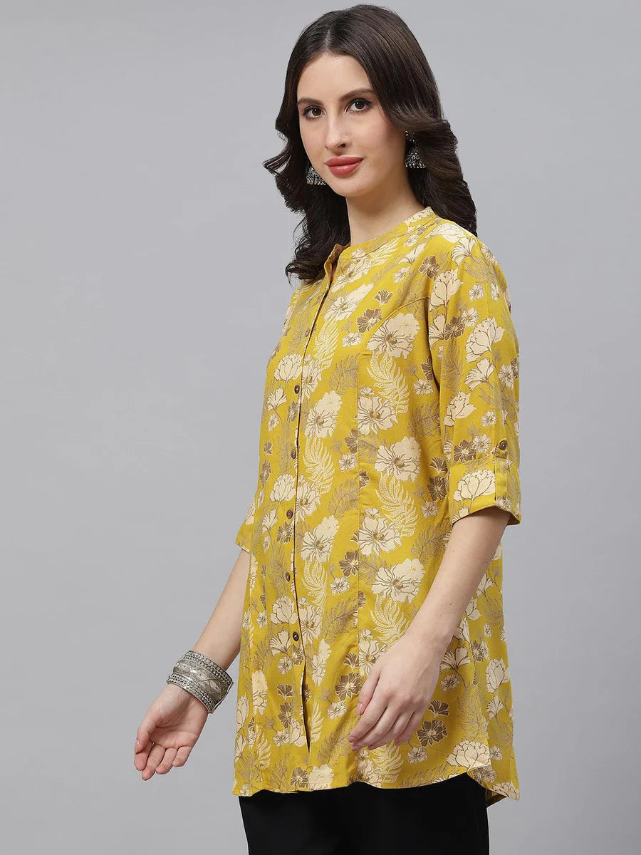 Women's Mustard Floral Printed Rayon A-Line Shirt Top