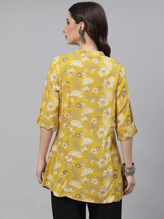 Women's Mustard Floral Printed Rayon A-Line Shirt Top