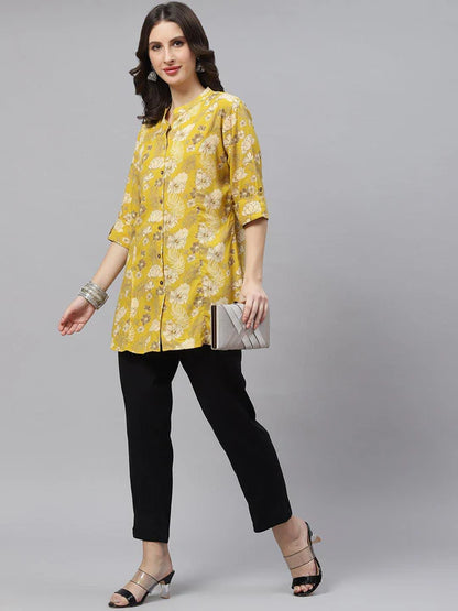 Women's Mustard Floral Printed Rayon A-Line Shirt Top