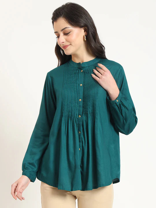 Cutyful Royal Teal Pintuck Shirt with Mandarin Collar