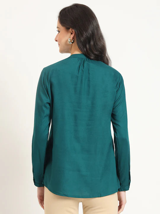 Cutyful Royal Teal Pintuck Shirt with Mandarin Collar