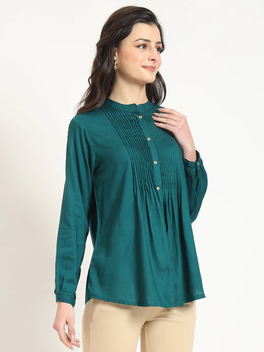 Cutyful Royal Teal Pintuck Shirt with Mandarin Collar