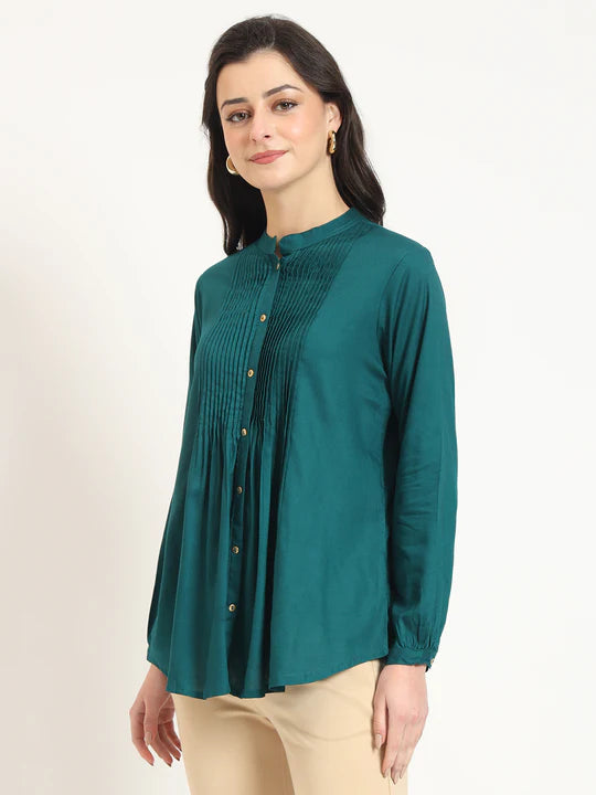 Cutyful Royal Teal Pintuck Shirt with Mandarin Collar