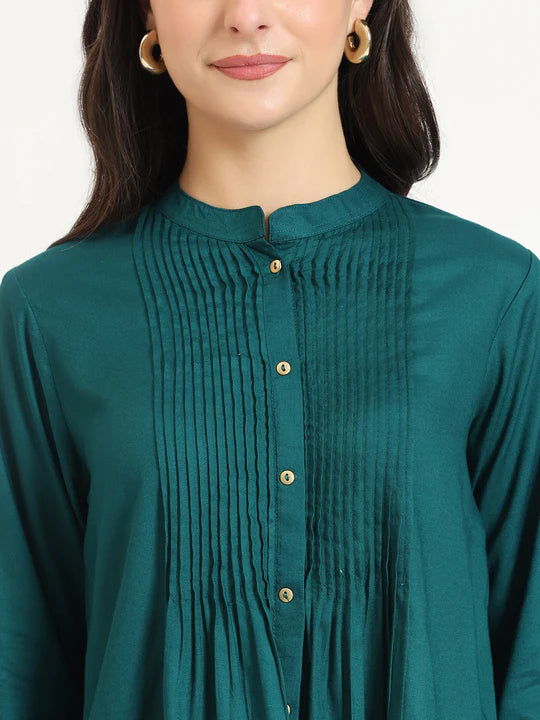 Cutyful Royal Teal Pintuck Shirt with Mandarin Collar