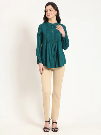Cutyful Royal Teal Pintuck Shirt with Mandarin Collar