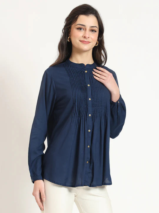 Cutyful Navy Blue Pintuck Workwear Shirt with Mandarin Collar