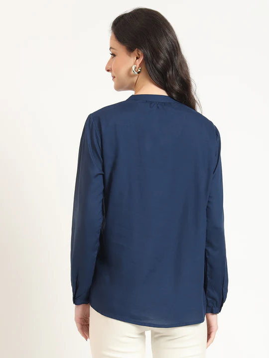 Cutyful Navy Blue Pintuck Workwear Shirt with Mandarin Collar