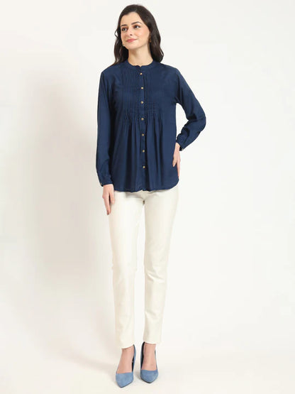 Cutyful Navy Blue Pintuck Workwear Shirt with Mandarin Collar