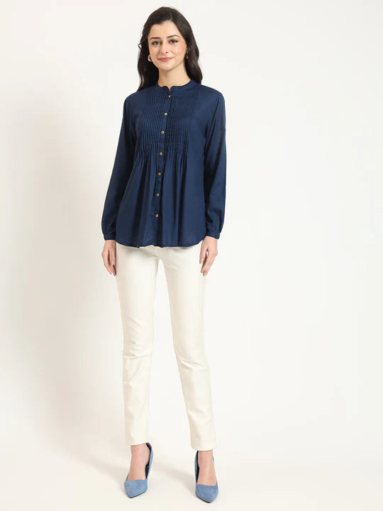 Cutyful Navy Blue Pintuck Workwear Shirt with Mandarin Collar