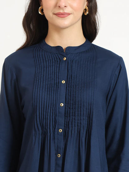 Cutyful Navy Blue Pintuck Workwear Shirt with Mandarin Collar