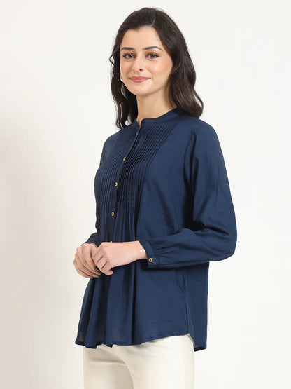 Cutyful Navy Blue Pintuck Workwear Shirt with Mandarin Collar