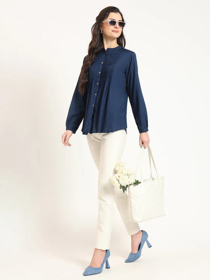 Cutyful Navy Blue Pintuck Workwear Shirt with Mandarin Collar