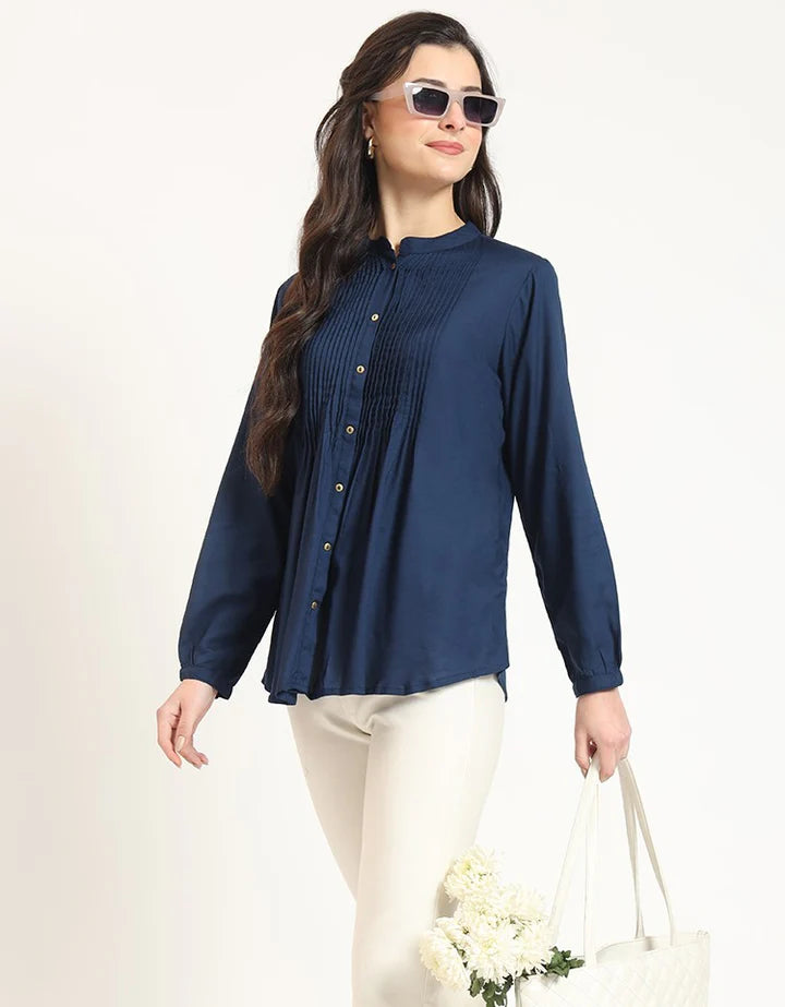 Cutyful Navy Blue Pintuck Workwear Shirt with Mandarin Collar