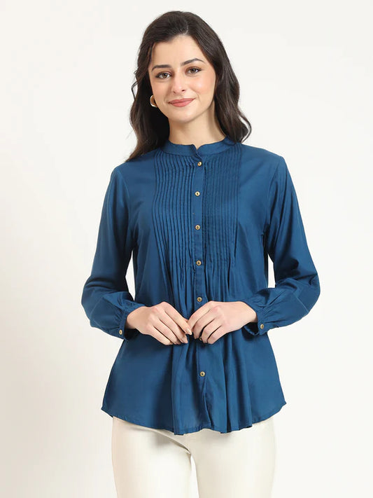 B'dazzled Blue Pintuck Workwear Shirt with Mandarin Collar
