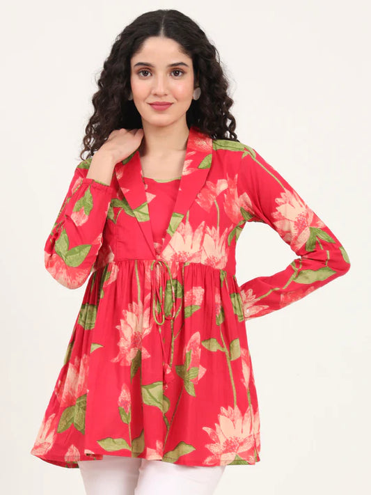 Red Lotus Print Cotton Tunic with Lapel Neck