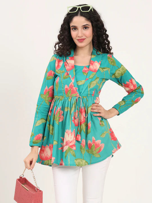 Turquoise Cotton Floral Tie-Up Tunic with Lapel Neck