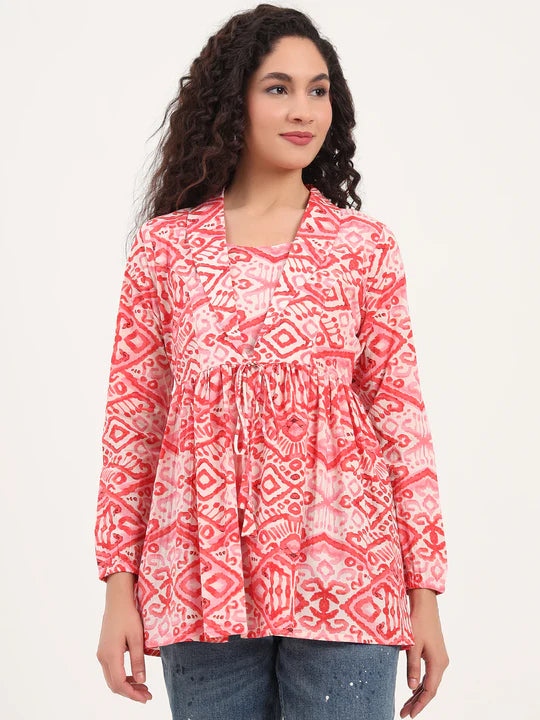 Pink Abstract Print Cotton Tunic with Lapel Neck