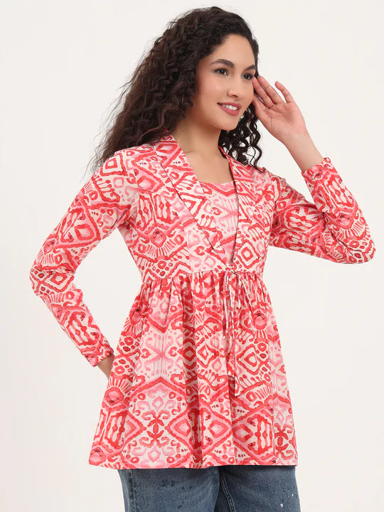 Pink Abstract Print Cotton Tunic with Lapel Neck
