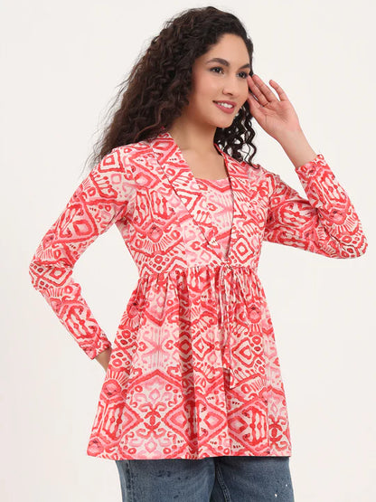 Pink Abstract Print Cotton Tunic with Lapel Neck
