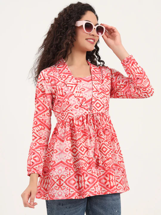 Pink Abstract Print Cotton Tunic with Lapel Neck