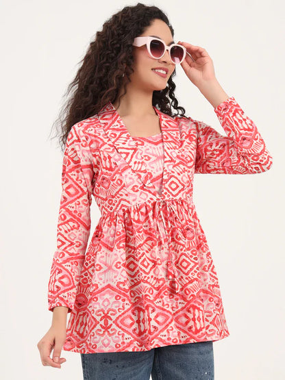 Pink Abstract Print Cotton Tunic with Lapel Neck