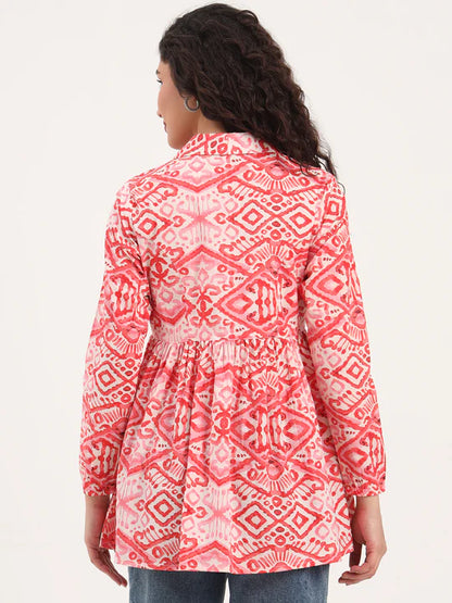 Pink Abstract Print Cotton Tunic with Lapel Neck