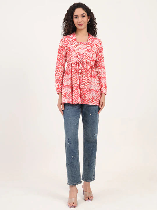 Pink Abstract Print Cotton Tunic with Lapel Neck