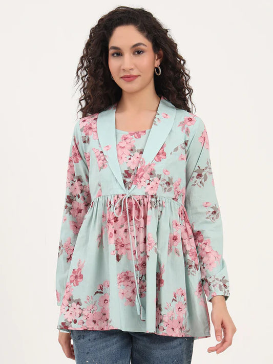 Mint Green Floral Cotton Tunic with Lapel Neck