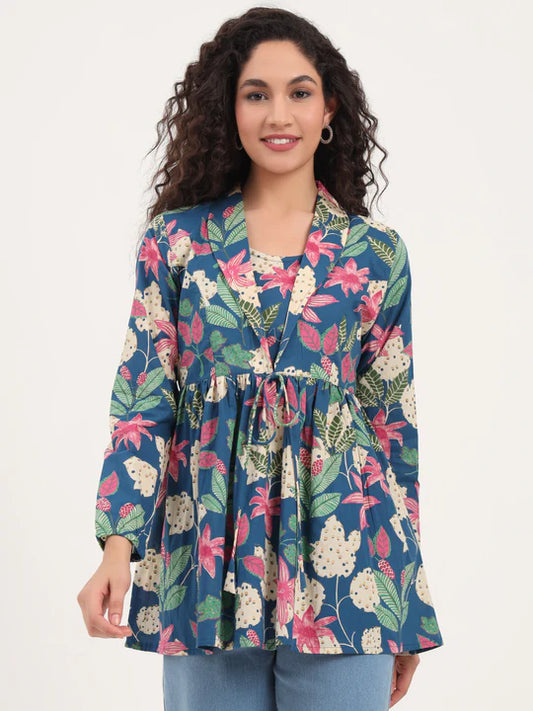 Blue Tropical Floral Cotton Tunic with Lapel Neck