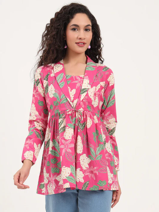 Pink Tropical Floral Cotton Tunic with Lapel Neck