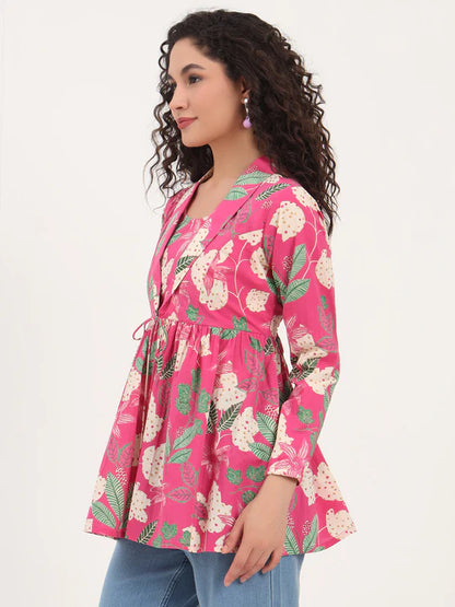 Pink Tropical Floral Cotton Tunic with Lapel Neck