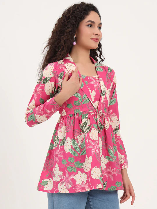 Pink Tropical Floral Cotton Tunic with Lapel Neck