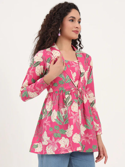 Pink Tropical Floral Cotton Tunic with Lapel Neck