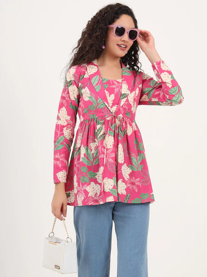Pink Tropical Floral Cotton Tunic with Lapel Neck