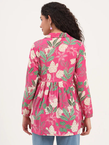 Pink Tropical Floral Cotton Tunic with Lapel Neck