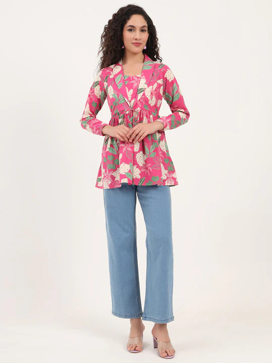 Pink Tropical Floral Cotton Tunic with Lapel Neck