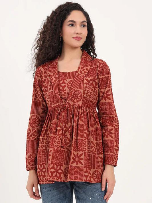 Rust Geometric Print Cotton Tunic with Lapel Neck