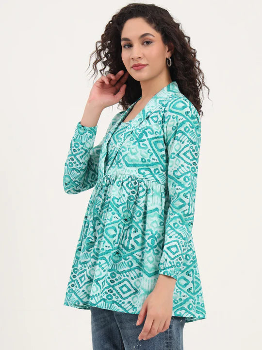 Teal Blue Ikat Print Cotton Tunic with Lapel Neck