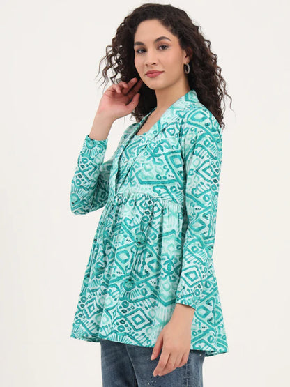 Teal Blue Ikat Print Cotton Tunic with Lapel Neck