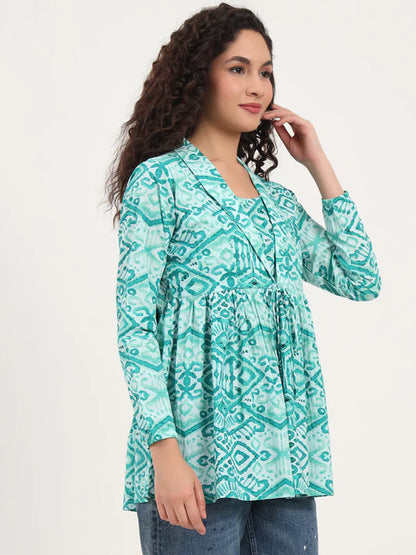 Teal Blue Ikat Print Cotton Tunic with Lapel Neck