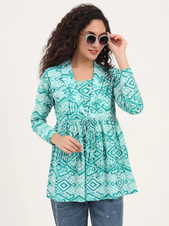 Teal Blue Ikat Print Cotton Tunic with Lapel Neck